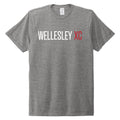 Wellesley XC retro crew neck t-shirt in heather gray with white and red text, made from sustainable and recycled materials for eco-friendly athletic wear