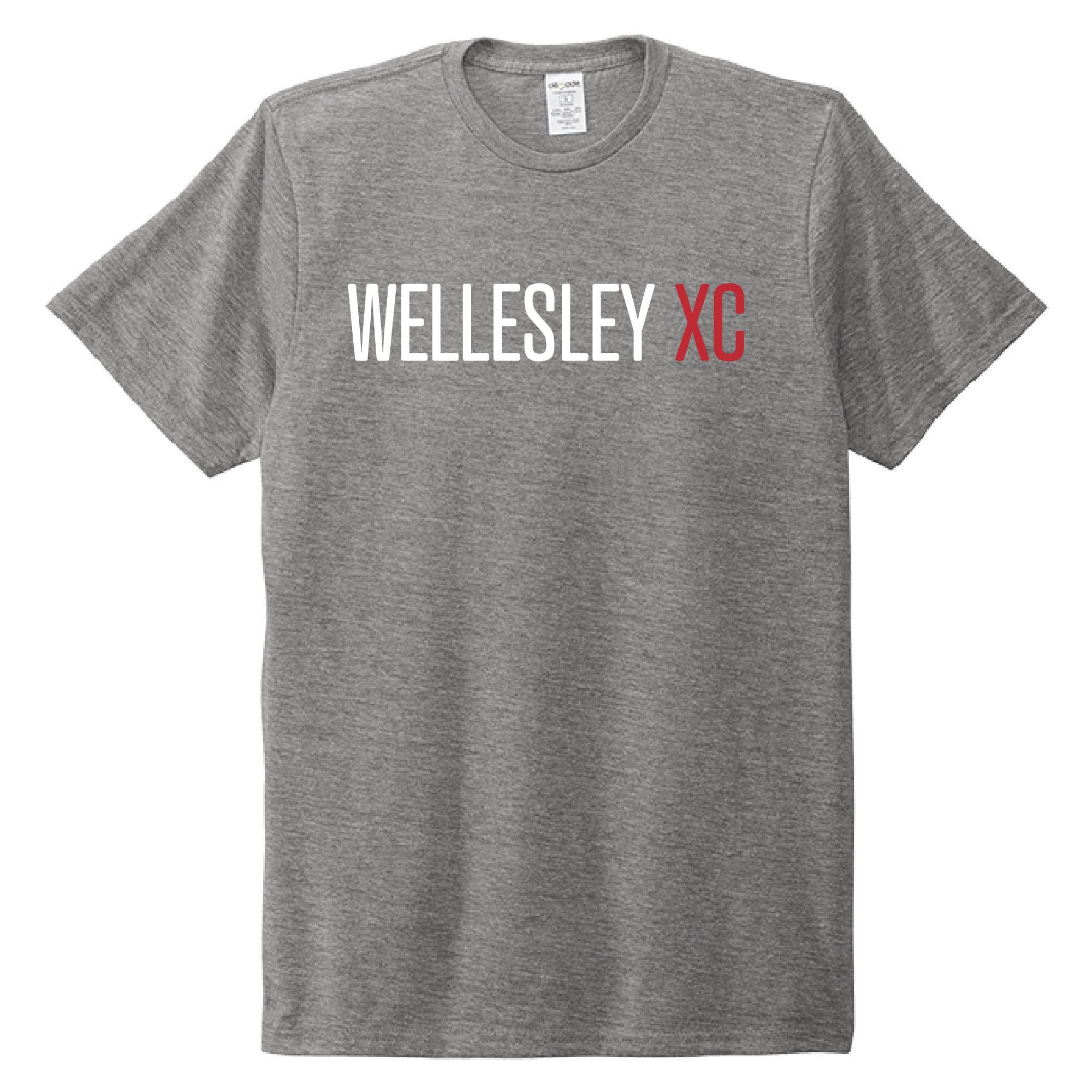 Wellesley XC retro crew neck t-shirt in heather gray with white and red text, made from sustainable and recycled materials for eco-friendly athletic wear