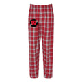 Red and black buffalo plaid flannel lounge pants with WHS Track & Field logo, featuring a self-folded waistband and pockets, ideal for comfortable holiday wear