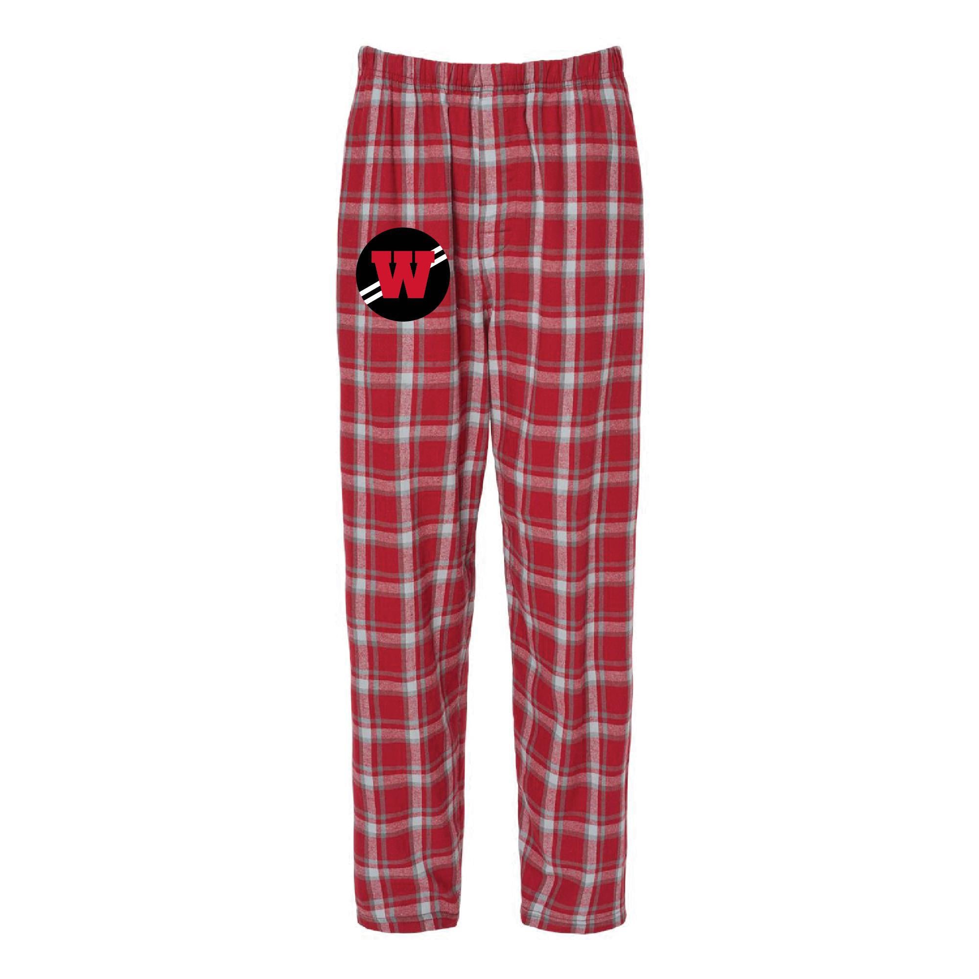 Red and black buffalo plaid flannel lounge pants with WHS Track & Field logo, featuring a self-folded waistband and pockets, ideal for comfortable holiday wear