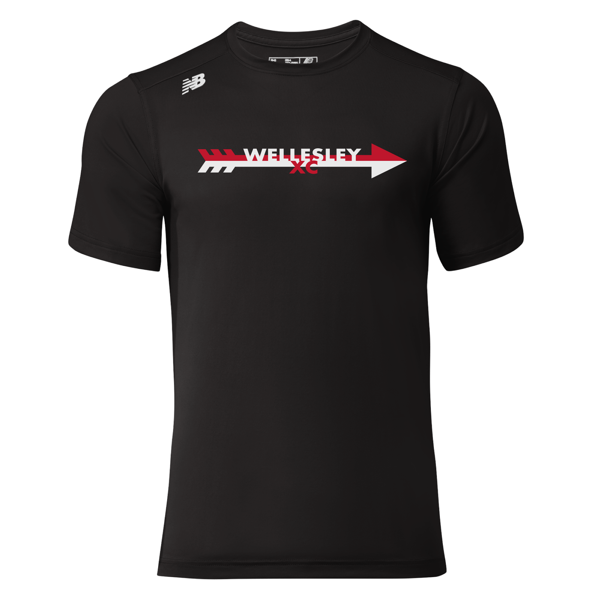 Black New Balance athletic t-shirt with "Wellesley XC" arrow graphic in red and white on the chest. NB logo visible on upper right shoulder. Short-sleeved design for cross country running team.