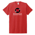 Red crew neck t-shirt featuring Wellesley Track & Field logo with bold W in black circle, white text underneath. Sustainable fabric made from recycled plastic bottles and organic materials.