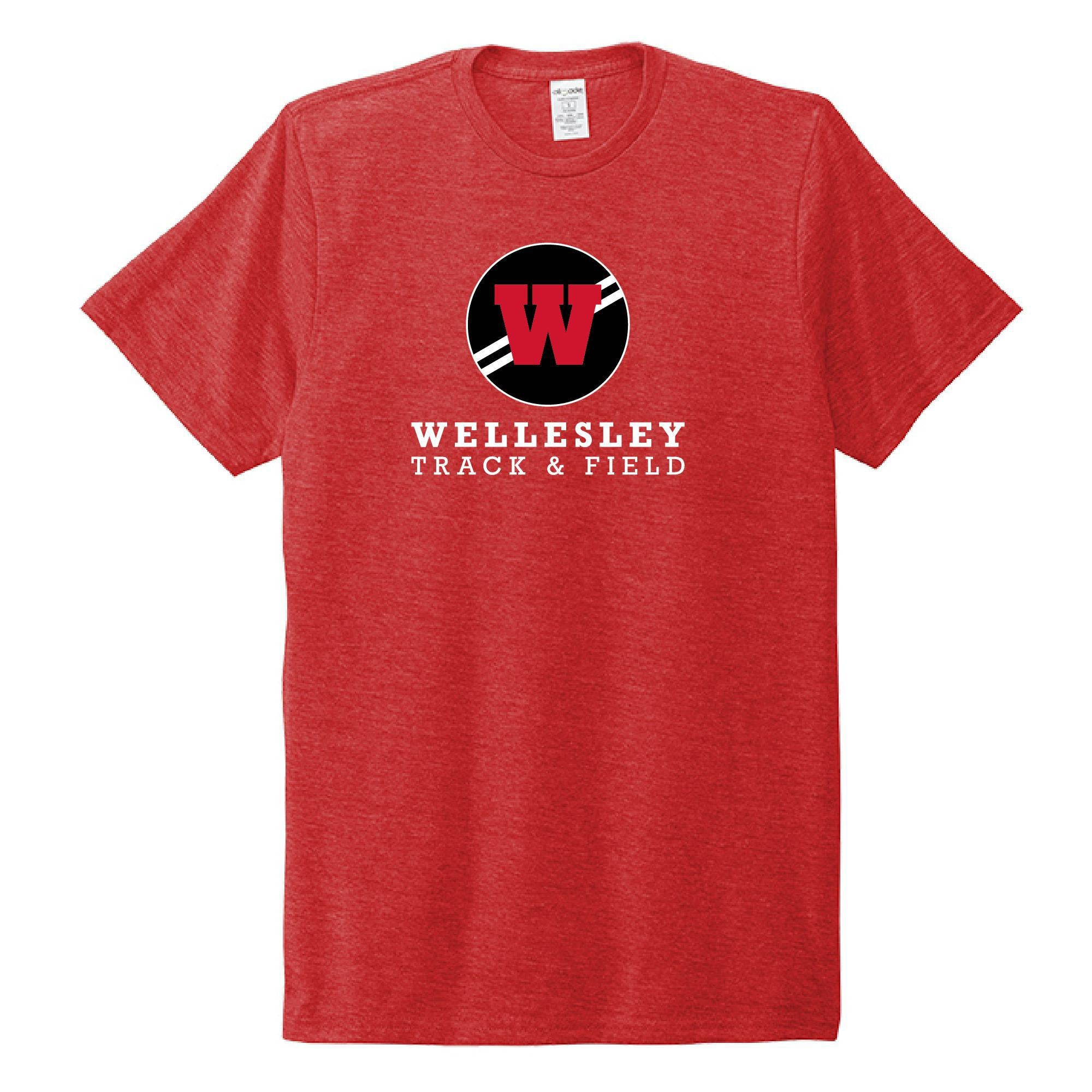 Red crew neck t-shirt featuring Wellesley Track & Field logo with bold W in black circle, white text underneath. Sustainable fabric made from recycled plastic bottles and organic materials.