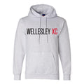 Gray Champion hoodie with "WELLESLEY XC" printed in black and red letters, featuring a front pouch pocket and drawstring hood