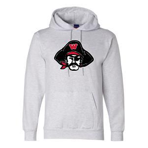 Gray Champion hoodie featuring WHS Raiders logo with pirate mascot, front pouch pocket, and drawstring hood, perfect for showing school spirit and staying warm