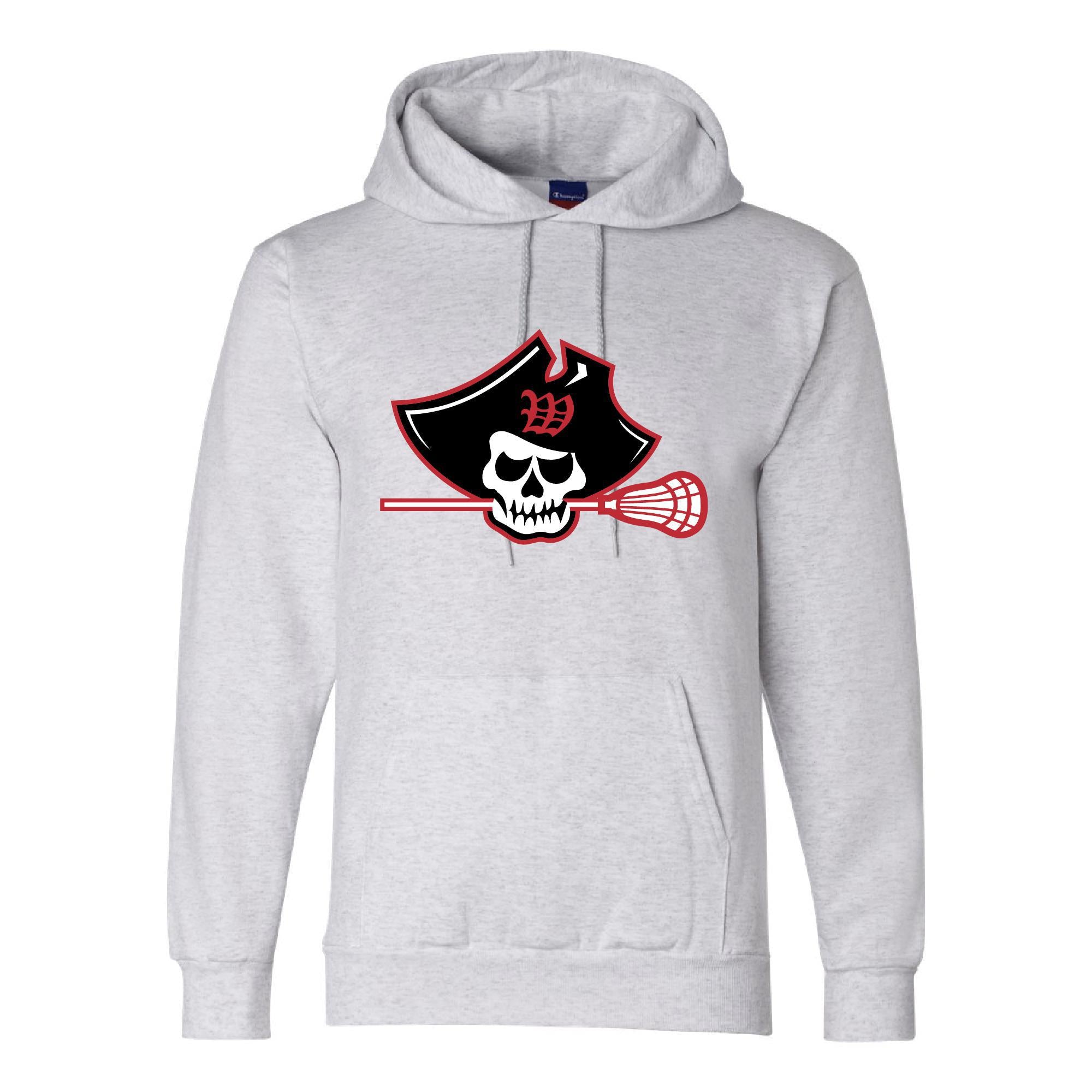 Light gray Champion hoodie featuring a pirate skull logo with lacrosse stick, showcasing the Raider Lax design. Comfortable eco-friendly sweatshirt with front pouch pocket and drawstring hood.