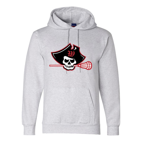Light gray Champion hoodie featuring a pirate skull logo with lacrosse stick, showcasing the Raider Lax design. Comfortable eco-friendly sweatshirt with front pouch pocket and drawstring hood.