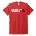 Red retro crew neck t-shirt with "WELLESLEY XC" printed in white text, showcasing a classic athletic design for cross country team or fans, made from soft and sustainable materials