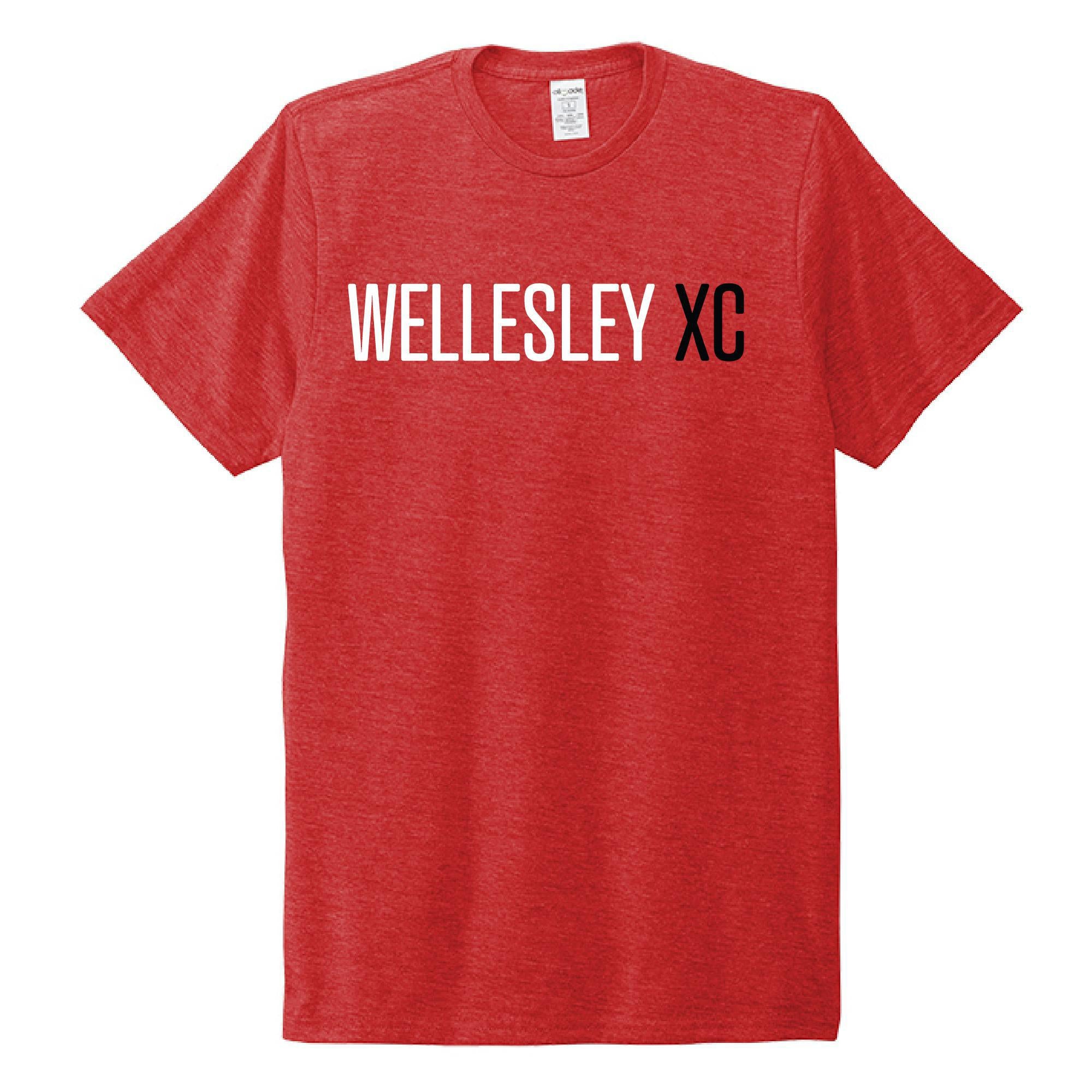 Red retro crew neck t-shirt with "WELLESLEY XC" printed in white text, showcasing a classic athletic design for cross country team or fans, made from soft and sustainable materials