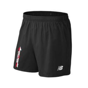 New Balance Men's Athletics 5" Short in black with white logo and red graphic on left leg, featuring lightweight polyester fabric, drawcord waistband, and brushed elastic for comfort during workouts or running