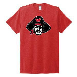 Red crew neck t-shirt featuring a pirate mascot logo with black hat, white W letter, and stern expression, representing WHS Raiders team apparel