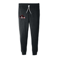 Dark gray heather jogger sweatpants with white drawstring, featuring a Raider Lax logo on the left thigh. Elastic ankle cuffs and side pockets visible. Comfortable unisex design suitable for sports and casual wear.