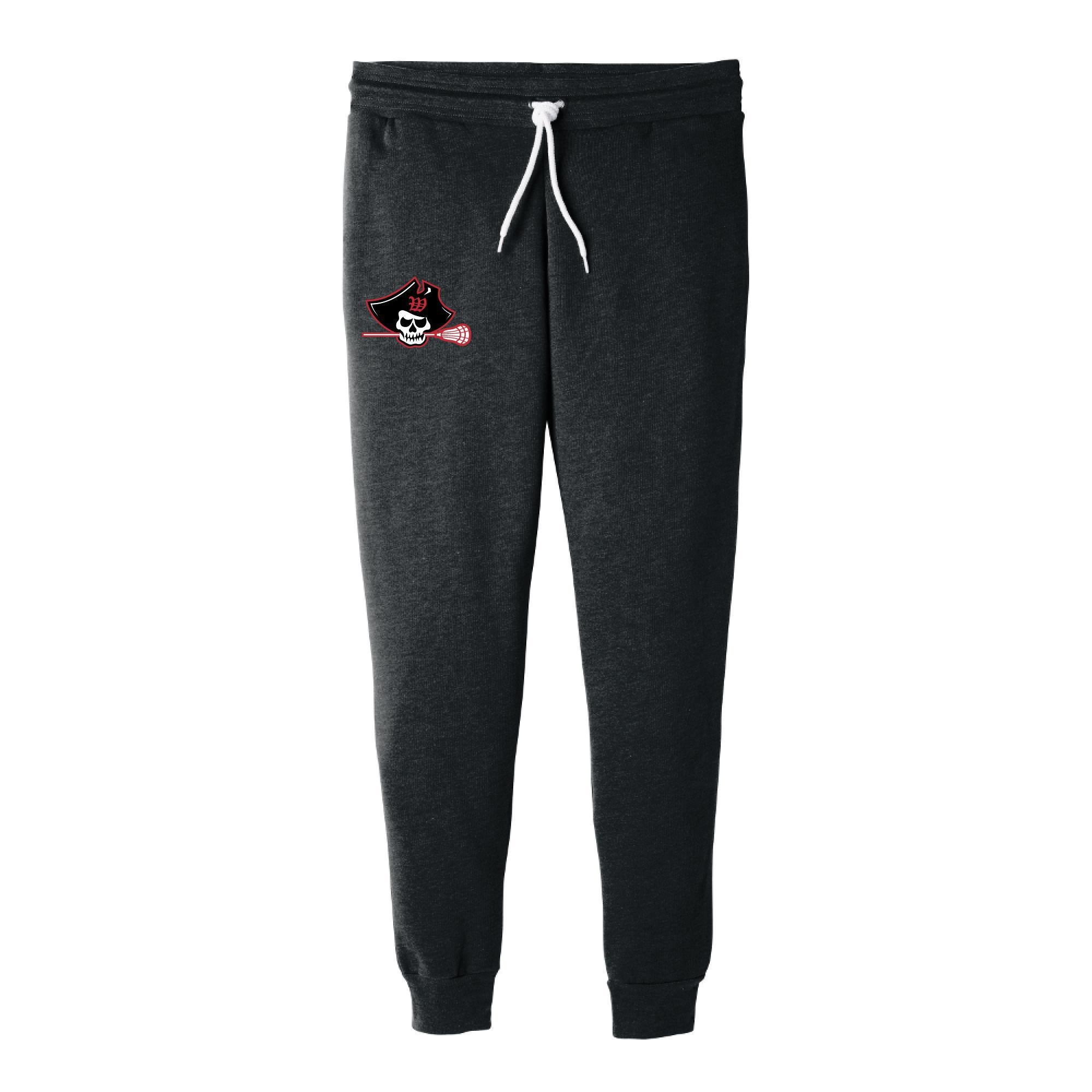 Dark gray heather jogger sweatpants with white drawstring, featuring a Raider Lax logo on the left thigh. Elastic ankle cuffs and side pockets visible. Comfortable unisex design suitable for sports and casual wear.