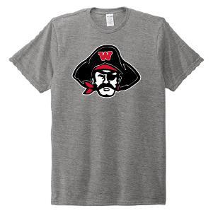 Gray crew neck t-shirt featuring WHS Raiders logo with pirate mascot wearing black hat with red W, eye patch, and red bandana on light heather background