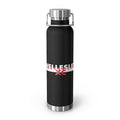 WHS XC copper vacuum insulated bottle, 22oz, black stainless steel with Wellesley XC logo, double-wall construction, spill-proof lid, fits standard cup holders, keeps drinks hot or cold for hours