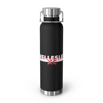 WHS XC copper vacuum insulated bottle, 22oz, black stainless steel with Wellesley XC logo, double-wall construction, spill-proof lid, fits standard cup holders, keeps drinks hot or cold for hours