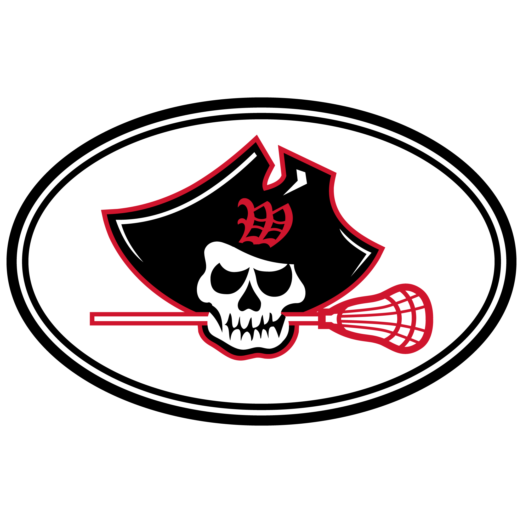 Raider Lax logo featuring a pirate skull with a lacrosse stick, set in an oval frame. Black and white design with red accents, suitable for car magnets and stickers.