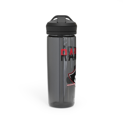 Gray CamelBak Eddy water bottle with Raider Lax logo, featuring a black screw-on lid and spout. The bottle is transparent, showing the capacity, and has a sleek, durable design perfect for sports and daily hydration.