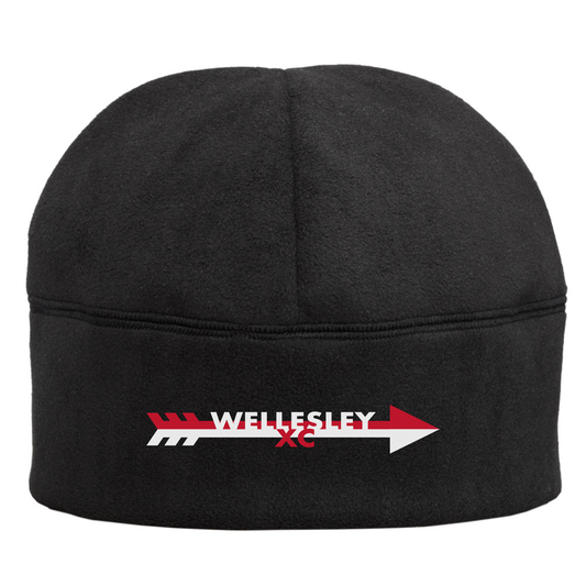 Black fleece beanie hat with Wellesley XC logo featuring red arrow design, ideal for running or cheering at cross country meets