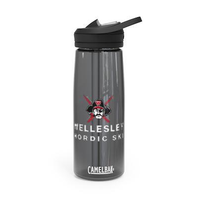 Gray CamelBak Eddy water bottle with Wellesley Nordic Ski logo, featuring 25 oz capacity, leak-proof design, and BPA-free Tritan material for durability and safety. Perfect for hydration during team events and everyday use.