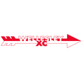 Red and white arrow-shaped design featuring "WELLESLEY XC" text, ideal for cross country team car magnet and stickers