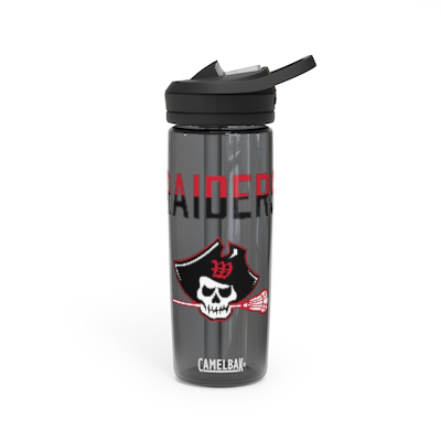 Gray CamelBak Eddy water bottle featuring Raider Lax logo with pirate skull wearing hat and lacrosse stick. Bottle has flip-top lid for easy drinking. Durable and leak-proof design for on-the-go hydration.