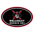 Oval-shaped logo for Wellesley Nordic Ski featuring a stern mascot face with crossed ski poles on a black background, bordered by red and white lines, suitable for car magnet and stickers
