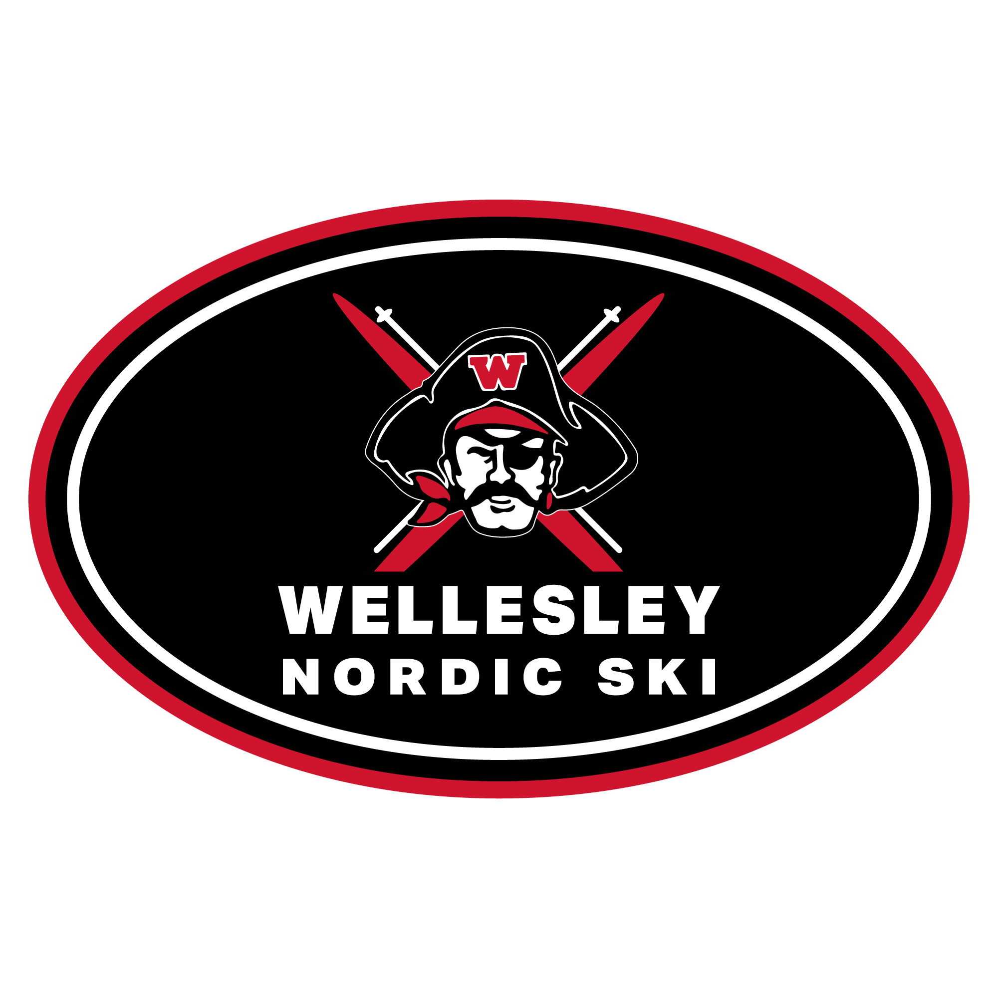 Oval-shaped logo for Wellesley Nordic Ski featuring a stern mascot face with crossed ski poles on a black background, bordered by red and white lines, suitable for car magnet and stickers