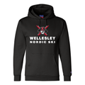 Black Champion hoodie with Wellesley Nordic Ski logo featuring crossed skis and mascot, white text, front pouch pocket, and Champion logo on sleeve