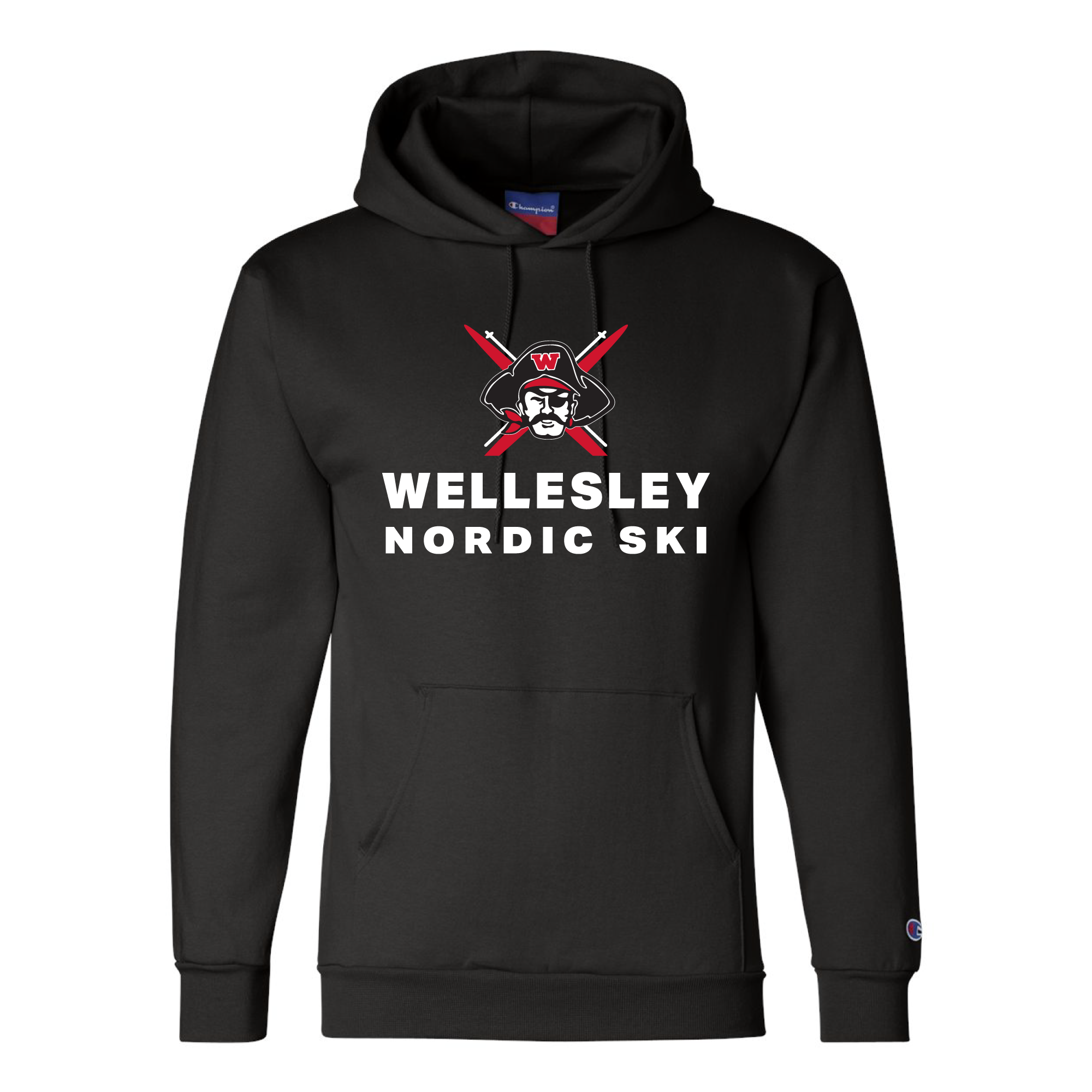 Black Champion hoodie with Wellesley Nordic Ski logo featuring crossed skis and mascot, white text, front pouch pocket, and Champion logo on sleeve