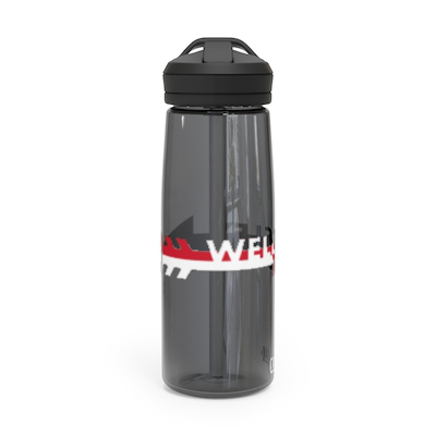 Transparent gray CamelBak Eddy water bottle with black lid, featuring white and red WHS logo. Durable 25 oz capacity bottle for hydration and team spirit.