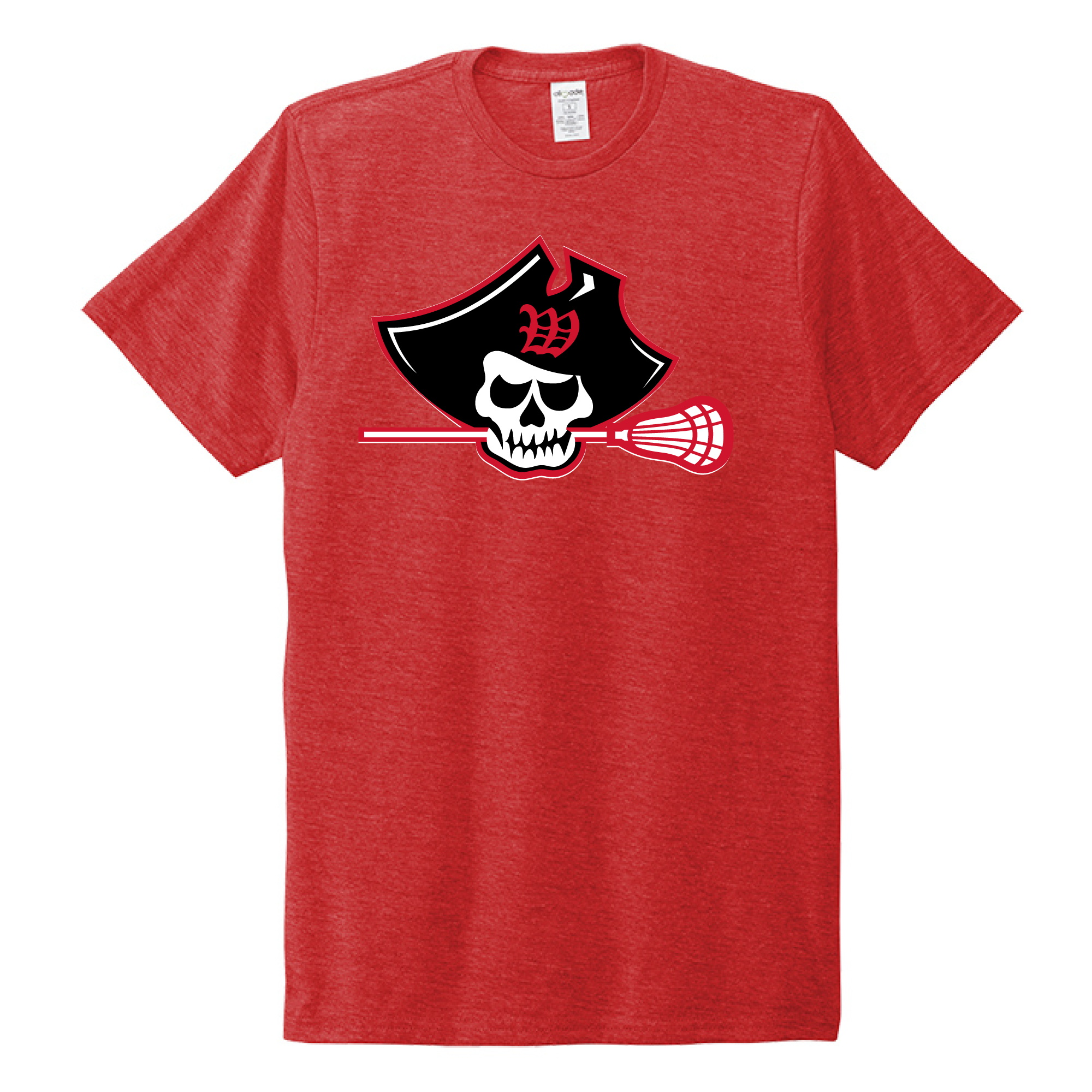 Red crew neck t-shirt featuring a pirate skull with lacrosse stick graphic, made from sustainable materials including recycled plastic bottles, organic cotton, and Tencel Modal