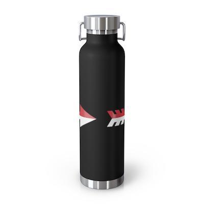 WHS XC Copper Vacuum Insulated Bottle, 22oz, black stainless steel with red and white arrow design, double-wall construction, spill-proof lid, fits standard cup holders, keeps drinks hot for 12 hours or cold for 48 hours