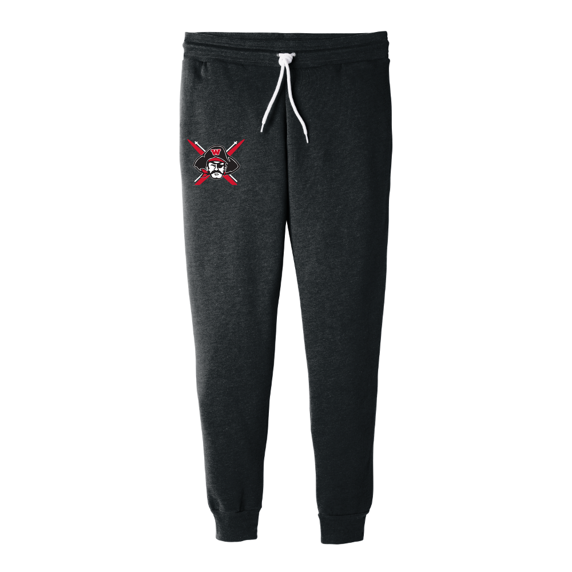 Dark gray heather jogger sweatpants with white drawstring and WHS Nordic Ski logo featuring crossed skis and skull. Side pockets visible, tapered leg design with ribbed ankle cuffs for comfortable fit.
