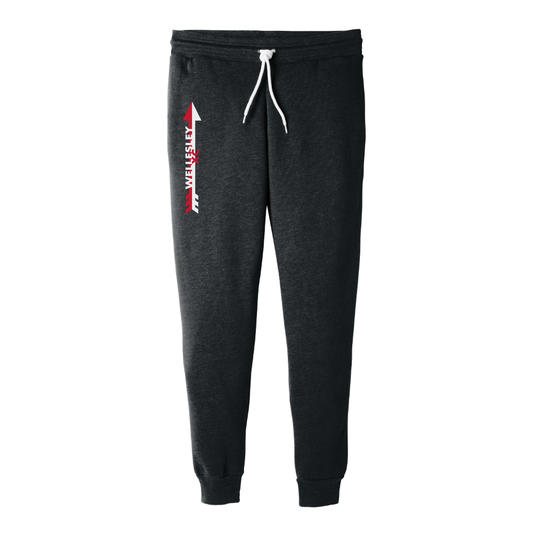 Dark gray heather unisex jogger sweatpants with white drawstring, side pockets, and WHS XC logo on leg. Comfortable fleece fabric with ribbed ankle cuffs for athletic and casual wear.