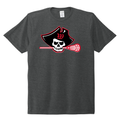 Charcoal grey t-shirt with pirate skull logo featuring a lacrosse stick, perfect for lacrosse enthusiasts and fans of eco-friendly sportswear