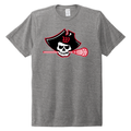 Gray crew neck t-shirt featuring a pirate skull with lacrosse stick graphic. Sustainable eco-friendly Raider Lax design made from recycled materials and organic cotton.