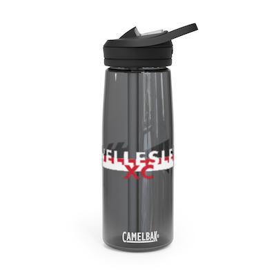 Gray CamelBak Eddy water bottle with black lid and straw, featuring "ELLESLC XC" logo in white and red. Durable 25 oz bottle for hydration during cross country meets and practices.