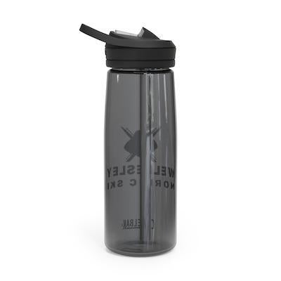 Transparent gray CamelBak Eddy water bottle with black cap and straw, featuring WHS Nordic team logo. 25 oz capacity, leak-proof design, made from durable Tritan material. Perfect for hydration during sports activities and showing team spirit.