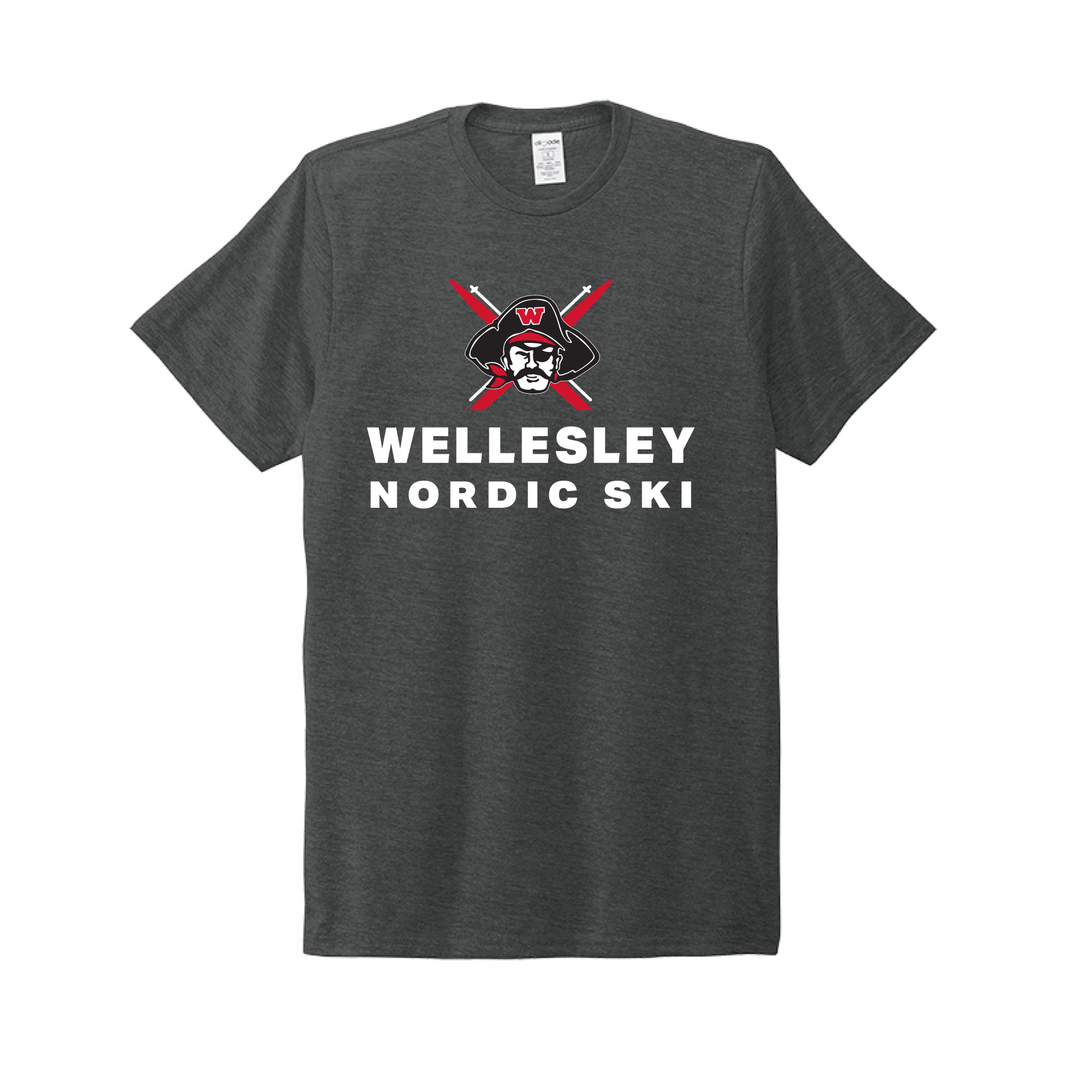 Charcoal gray t-shirt with Wellesley Nordic Ski logo featuring crossed red skis and stylized face, white text below, eco-friendly sustainable material