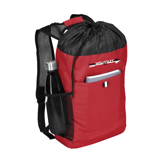 Red and black hybrid gear bag with drawstring top, front pocket, side mesh bottle holder, and padded straps. Features Wellesley logo and spacious interior for running gear storage.