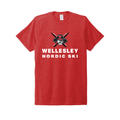 Red t-shirt featuring Wellesley Nordic Ski logo with stylized skier mascot, made from sustainable materials including recycled plastic bottles, perfect for eco-conscious ski enthusiasts