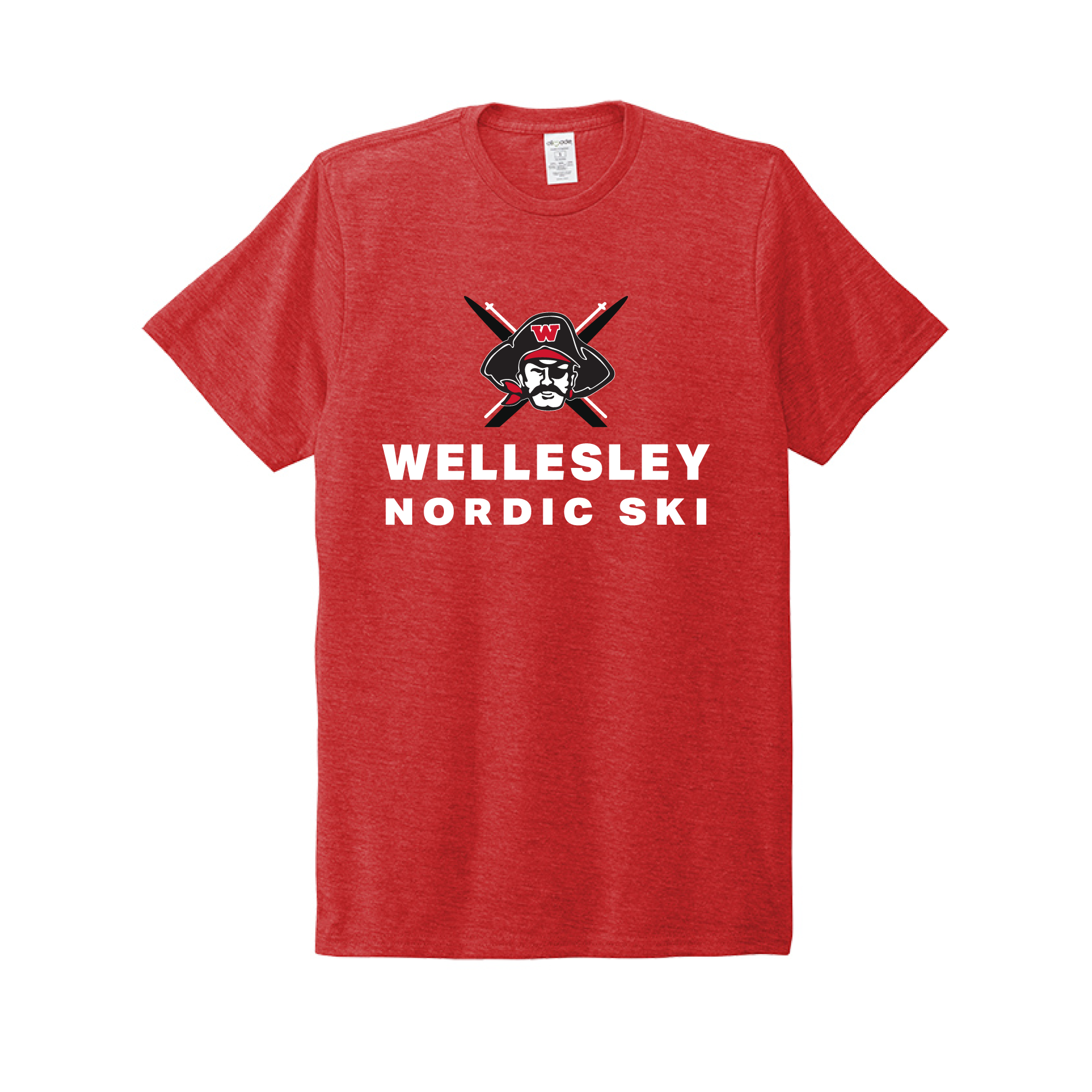 Red t-shirt featuring Wellesley Nordic Ski logo with stylized skier mascot, made from sustainable materials including recycled plastic bottles, perfect for eco-conscious ski enthusiasts