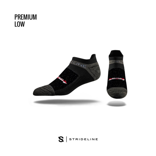 Premium low-cut Strideline crew socks in black and grey with red accents, featuring advanced comfort technology and anti-slip design. Ideal for WHS XC runners seeking performance and style.