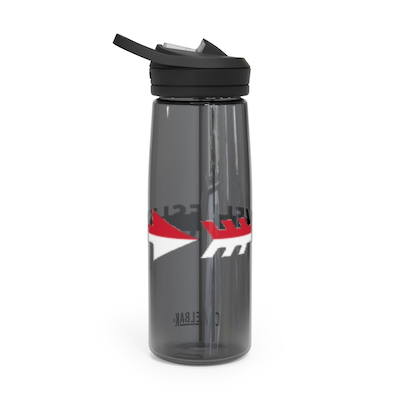 Transparent gray CamelBak Eddy water bottle with red and white WHS XC logo, featuring a flip-top lid and straw for easy drinking. Durable 25 oz bottle perfect for hydration during cross country meets and practice.