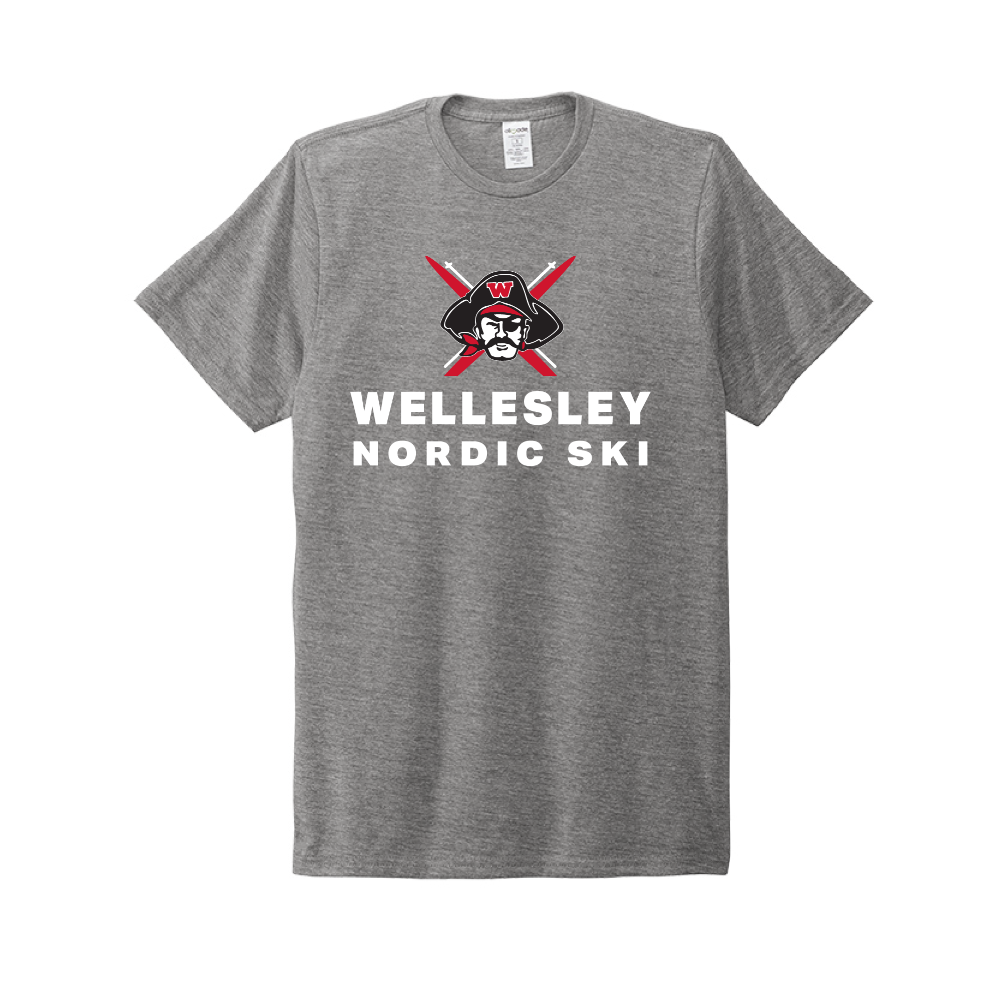 Gray t-shirt featuring Wellesley Nordic Ski logo with crossed red skis and pirate-style mascot, made from sustainable materials including recycled plastic bottles