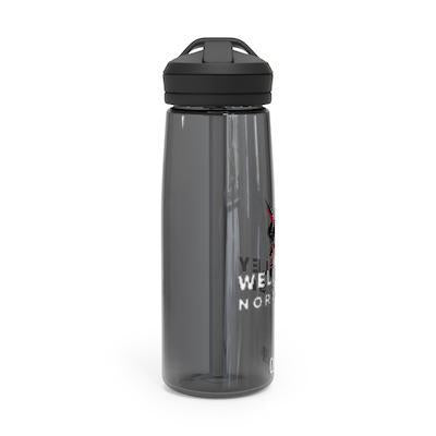 Charcoal gray CamelBak Eddy water bottle with black lid, featuring 'WHS Nordic' text in white. Transparent body showcases durable construction and spill-proof design. Ideal for hydration during team events and daily use.