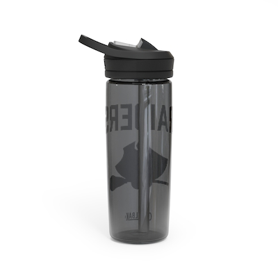 Charcoal gray CamelBak Eddy water bottle with flip-top lid and straw, featuring 'RAIDER' text and shark silhouette design, perfect for sports and outdoor activities