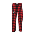 Red and black buffalo plaid flannel lounge pants with pockets, featuring a ski-themed logo on the left thigh. Comfortable cotton material with a self-folded waistband, suitable for casual wear or relaxation.