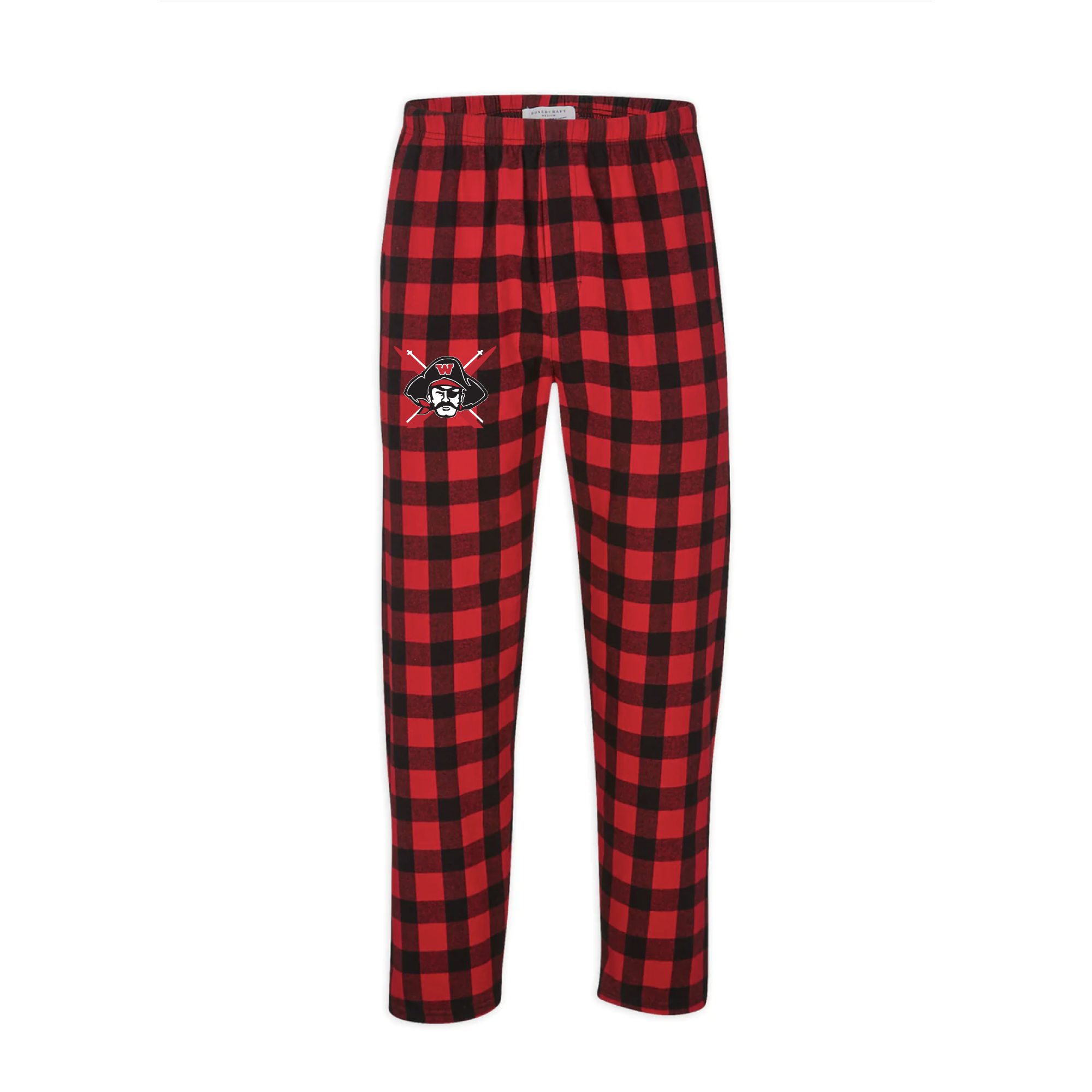 Red and black buffalo plaid flannel lounge pants with pockets, featuring a ski-themed logo on the left thigh. Comfortable cotton material with a self-folded waistband, suitable for casual wear or relaxation.